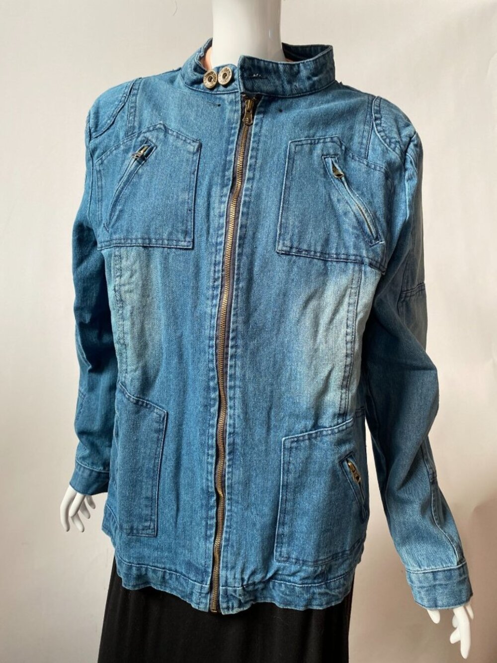 Denim Zip-Up Jacket With Stand Collar & Button Detail Casual Style Medium Wash W
